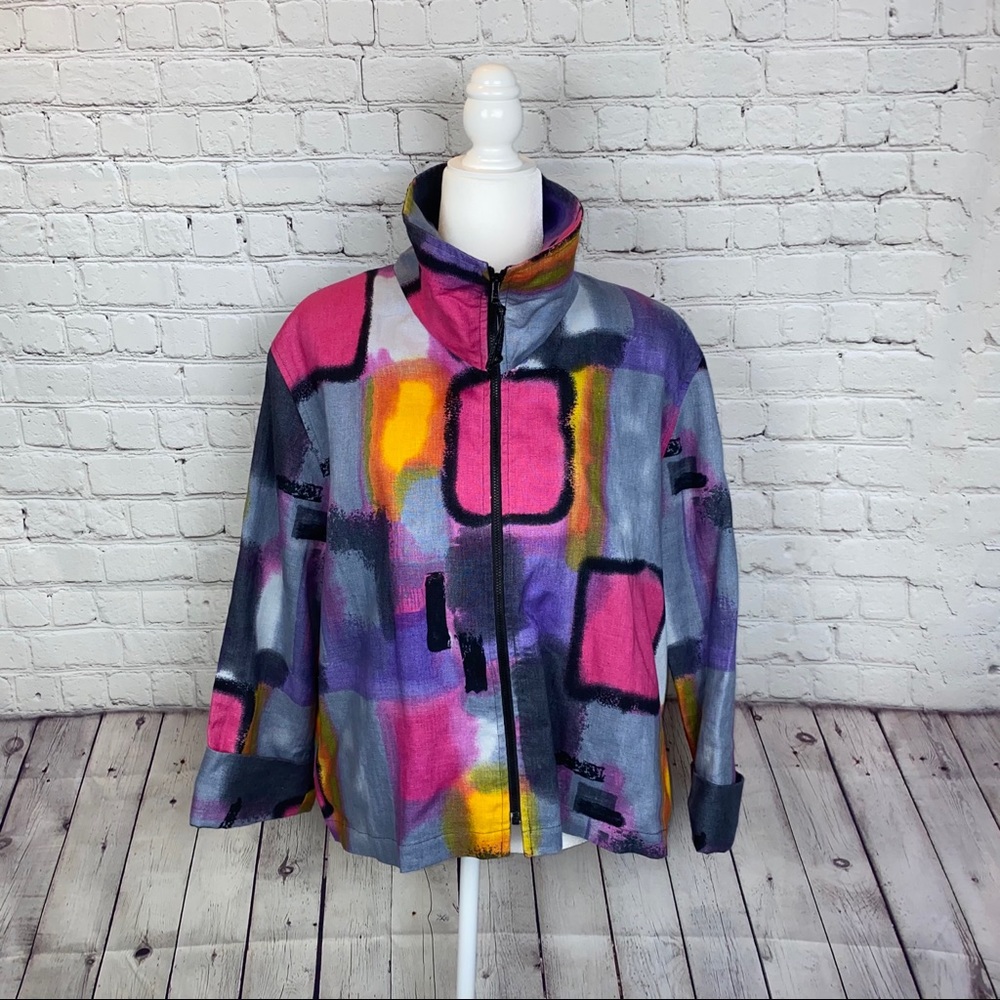 Caroline Rose Zip Front Multi Color Linen Blazer